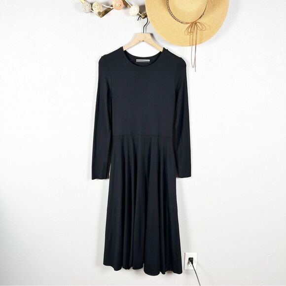 Peruvian Connection Anna Dress Black Fit & Flare Midi Cotton Jersey Pockets M - Picture 8 of 9